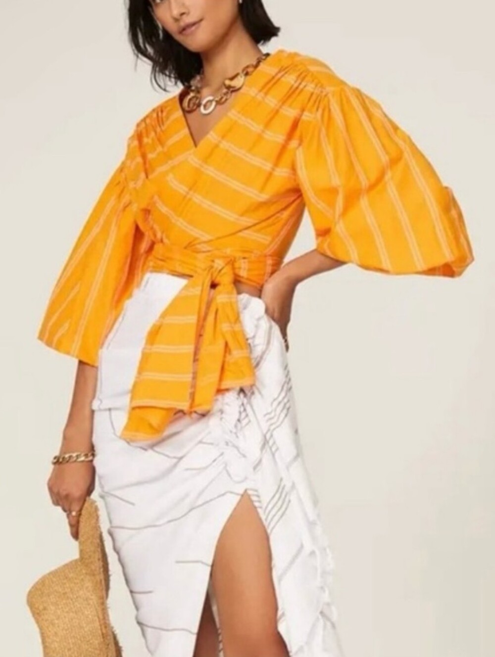 Acler Wyatt Wrap Blouse Orange Pinstripe Crop Puff Balloon Sleeve Size 4